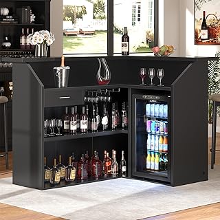L-Shaped Home Bar Cabinet with Fridge Space, 4-Tier Corner Bar Cabinet with Glass Holder, Liquor Cabinet for Home with Led Lights, Power Outlets, Wine Cabinet for Living Room, Dining Room, Basement