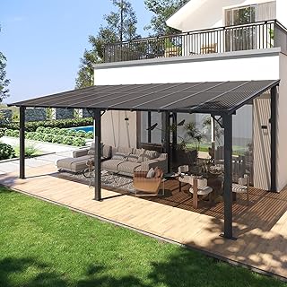 10' x 20' Lean to Gazebo, Hardtop Metal Gazebo Pergola with Polycarbonate Roof, Large Wall Mounted Heavy Duty Awnings, Patio Canopy for Backyard, Deck, Porch