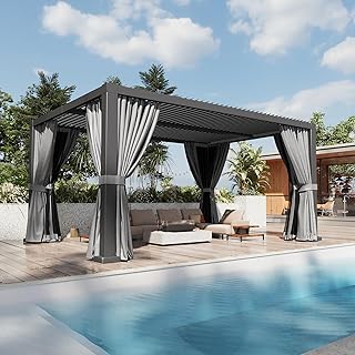 Aoxun Louvered Pergola 12x16 All-Aluminum Outdoor Gazebo with Independent Adjustable Roofs, Waterproof Curtains and Netting, Integrated Drainage System for Patios & Backyard