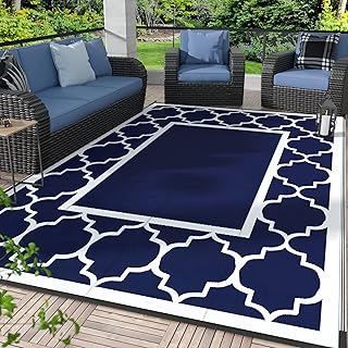 GENIMO 5' x 8' Outdoor Rug Waterproof for Patio Decor, Foldable Reversible Plastic Straw Area Rugs Mat for Camper, Outside Carpet for Rv, Deck, Porch, Picnic, Beach, Balcony, Blue & White