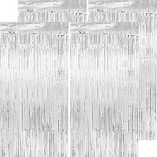 Thicken Silver Streamers 4 Pack 13.2x8.2 FT, Silver Tinsel Backdrop Curtains, Foil Fringe Photo Backdrop for Birthday, Bachelorette, Prom, Engagement, Disco Party Decorations