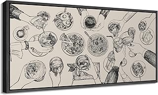 MUDECOR Extra Large Framed Canvas Print Wall Art Gathering Table Illustration Vintage Black and White Food Scene Antique Retro Ready to Hang Painting for Living Room Bedroom Multi-Sizes - 60"x30"