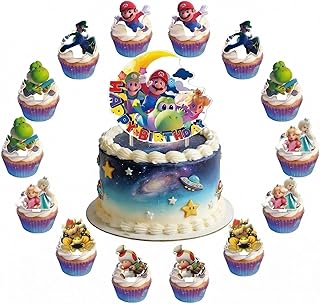 25Pcs Cute Mario Happy Birthday Cake Toppers Set with 24Pcs Cupcake Toppers, 1Pcs Happy Birthday Cake Topper, Cartoon Themed Birthday Party Supplies for Boys and Girls