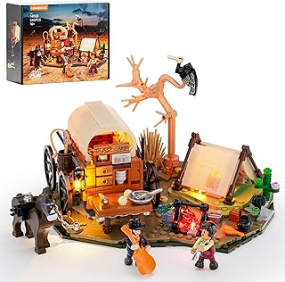 Cowboy Camp Lighting Building-Bricks Set - The Old West Shelter with Covered Wagon and Horse 542 Pcs Collection Display Set for Adults and West Lovers