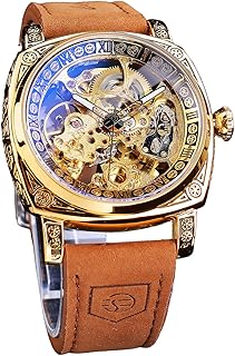 Watches for Man, Square Retro Mechanical Watch Self-Wind Carved, Skeleton Automatic Watches Vintage Leather Strap Wristwatch