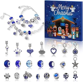 Christmas Charm Bracelet Advent Calendar for 2026 Women 24 Days DIY Snowflake Countdown Calendar Bracelets Set Blue Nativity Religion Christmas Jewelry Making Kit Gift for Girlfriend