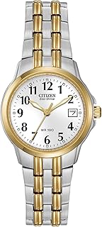 Women's Eco-Drive Dress Classic Two Tone Gold Stainless Steel Watch, Easy to Read, White Dial, 26mm (Model: EW1544-53A)