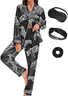 EPLAZA Silk Pajamas for Women Satin Pajamas Set 5 Pcs Long Sleeve Print Pattern Button Down Pjs Sleepwear Loungewear Set