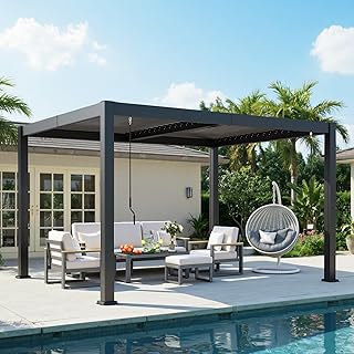 Louvered Pergola, 10' x 12' Outdoor Pergola, Metal Patio Gazebo with Adjustable Louvers Roof and Gutter System, Metal Hardtop Gazebo for Patio, Backyard, Deck, Garden, Dark Gray