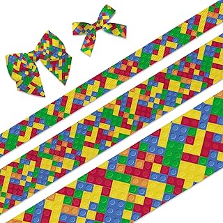 3 PCS Building Blocks Grosgrain Ribbons 3/8" 7/8" 1.5" Multicolor Decor Ribbons 5 Yards, Build Block Craft Ribbons for Block Themed Party Favor Decoration Holiday Birthday Gift Packaging DIY Supplies