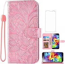 Asuwish Compatible with Samsung Galaxy S5 Case and Tempered Glass Screen Protector Card Holder Kickstand Lace Wallet Phone Cases for Glaxay S 5 Neo Gaxaly 5S Galaxies GS5 G900A G900T Women Rose Gold