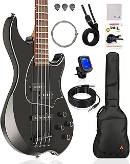 AKLOT Multi-Style Electric Bass Guitar: Precision & Jazz Dual Pickup, Roasted Maple Neck, 4-String Full Size Bass with Lesson Book, Gig Bag for Rock Pop Funk Slap, 2-Year Warranty (Helix PJ4-BK)