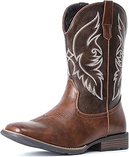 Cowboy Boots For Men Square Toe Western Boot Durable Retro Classic Embroidered Pull On Boot Slip Resistant Country Boots