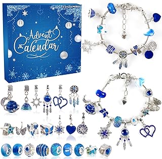 Advent Calendar Charm Bracelets 2025 for Girls, 24 Days Christmas Countdown Calendar DIY Bracelets Jewelry Making Kit with Blue Charm Beads Xmas Gift for Girls Kids Teens Adults