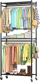 Sakugi Clothes Rack - 33.0" x 12.2" x 79.5" Clothing Rack with Shelves & Wheels, Multi-Functional Wardrobe Closet with Hooks, Sturdy Metal Garment Rack for Bedroom, Laundry, Balcony (Black)