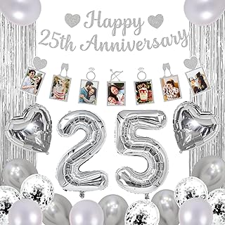 Happy 25th Anniversary Decorations Include Silver Glitter Banner,Photo Banner,Fringe Curtains,Number Balloons and Latex Balloons, 25th Wedding Anniversary, Vow Renewal, or Celebration