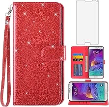 Asuwish Phone Case for Samsung Galaxy Note 4 with Tempered Glass Screen Protector and Glitter Wallet Cover Card Holder Slot Stand Cell Flip Glaxay Note4 Gaxaly N910A Not Notes Four SM Women Men Red