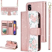 for Samsung Galaxy A10e Floral Wallet Case with Flip Zipper Purse Wrist Strap Shoulder Strap, Luxury Glitter PU Leather Card Holder Stand Cell Phone Cover for A 10e 10ae S102DL Women Rose Gold