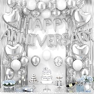 Anniversary Decorations Silver,Happy Anniversary Balloon Banner with Heart Foil Balloons Fringe Curtain for Wedding Party Valentine's Day Romantic