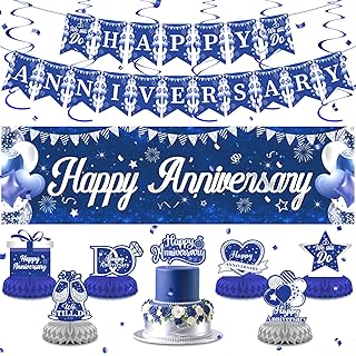 Blue Silver Wedding Anniversary Decorations Set Blue Happy Anniversary Banner Hanging Letter Banner Table Honeycomb Centerpieces Hanging Swirls Cake Topper for Men Women Wedding Anniversary Party