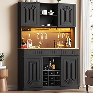 Gyfimoie 71-Inch Tall Wine Bar Cabinet with LED Lights, Modern Fluted Coffee Bar Cabinet with Charging Station & 9-Cube Wine Glass Rack, Pantry Hutch for Dining Room and Kitchen (Black)