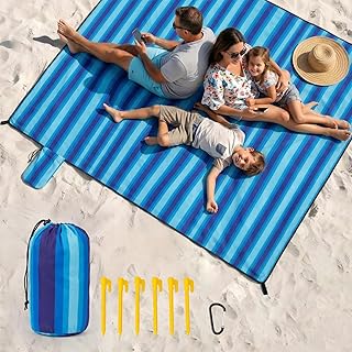 Beach Blanket Sandproof - Oversized Extra Large Waterproof Beach Mat for 3-4 People, Lightweight Sand Free Mat for Summer Vacation with 6 Stakes & 4 Corner Pockets for Beach, Camping 7x7ft Blue Stripe