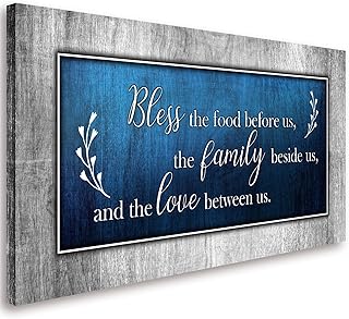 Canvas Wall Art for Dining Room Decor-Blue and Grey Canvas Prints Bless The Food Quote Wall Pictures Painting Framed Artwork for Home Living Room Bedroom Kitchen Decoration 20"x40"
