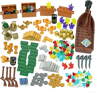 228pcs Money Treasure Bank Pirate Ships Accessories, Cash Chest Maps Dollar Jewel Gems Diamonds Gold Bar Coins Goblet Map Crystals Bill Cash Bricks Pieces Parts Sets, Friends City Building Blocks