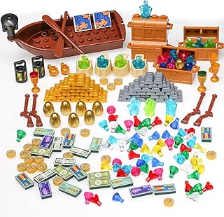 208 Pcs Treasure Accessories,Money Building Blocks Set,Treasure Chest Building-Block Bricks Pack,Pirate Ships Maps Dollar Jewel Gems Diamonds Gold Bar