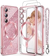 Magnetic for Samsung Galaxy S22 5G Case + 2X Screen Protectors,Luxury Plated Gold Edge [Glitter Card&Wrist Strap] Slim Soft Crystal Clear TPU Shockproof Case Cover for S22 5G-Pink