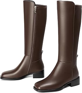 Women's Knee-High Boots, Faux Leather Elastic Boots Low Heel Square Toe, Side Zipper Tall Boots