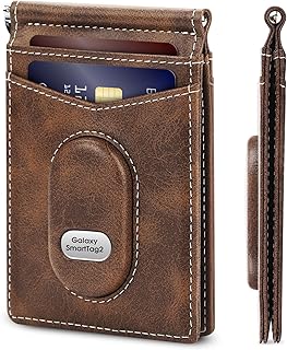 Slim Bifold Wallet for Samsung Smarttag2 Genuine Leather Minimalist Wallet Compatible with Samsung Tag RFID Blocking Card Holder with ID Windows | Money Clip(Brown)