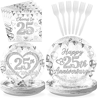 Grencian 96Pcs 25th Wedding Anniversary Decorations Cheer to 25 Years Party Plates and Napkins Silver Glitter Tableware for Couple Husband Wife Silver Wedding Anniversary Decorations Serves 24
