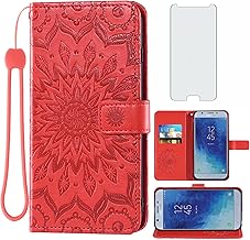 Phone Case for Samsung Galaxy J7 Star J 7 Crown 7J Refine 2018 J7V V 2nd Gen Wallet with Tempered Glass Screen Protector Leather Flip Cover Card Holder Stand Cell Glaxay Aura S767VL SM J737V Red