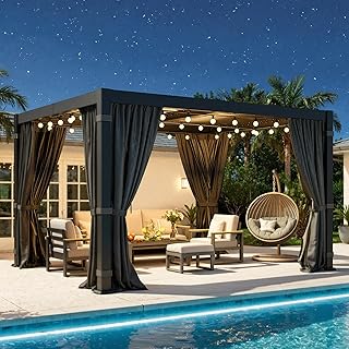 10' x 12' Louvered Pergola, Outdoor Pergola with Metal Adjustable Louvered Roof & Gutter System, Hardtop Patio Gazebo for Backyard, Patio, Garden, Dark Gray