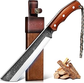 Japanese Machete Knife for Cutting Trees Heavy Duty, Full Tang Survival Machete with Wooden Sheath for Gardening, Camping, Bushcraft & Yard Work, Gifts for Outdoor Men Women