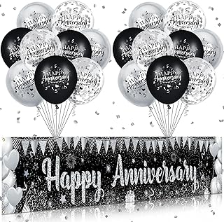 Black & Silver Wedding Anniversary Decorations - 18pcs Balloons & Yard Banner for Black & Silver Themed Wedding Party