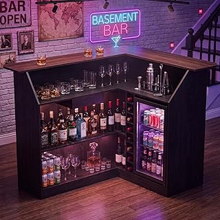 67”/53” L Shaped Home Bar Unit with Fridge Space, Bar Cabinets for Home with LED Strip, Basement Bar Table with Stemware Racks & Drawer, Bar Furniture for Home (Black & Walnut)