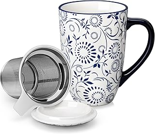 vancasso SELENE Porcelain Tea Mug, 18 oz Porcelain Tea Cup with Infuser and Lid Steeps Loose Leaf Tea, Microwave & Dishwasher Safe, Floral Bloom