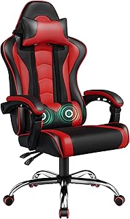 Yaheetech Gaming Chair, Computer Office Chair with Headrest and Massage Lumbar Support, Height Adjustable Ergonomic Chairs with Swivel Seat, Black/Red