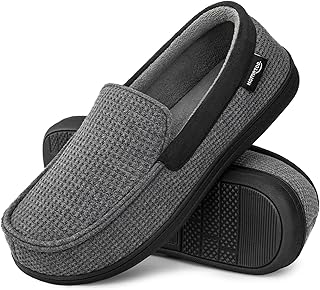 Men's Comfort Memory Foam Moccasin Slippers, Breathable Cotton Knit Terry Cloth House Shoes for Indoor Outdoor