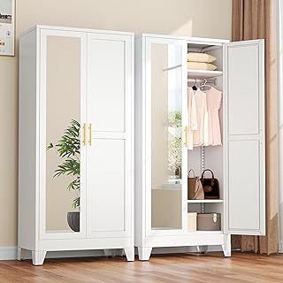 winiowa Metal Armoire Wardrobe Closet with 2 Mirror Doors, 71" Wardrobe Cabinet with Adjustable Shelves and Hanging Rod, Clothing Storage Cabinet Closet with Mirror for Bedroom-White
