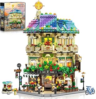 Flower Cafe House Building Set with Lights, 1876 PCS City Street Corner Shop Construction Model, Art Architecture Modular Building Block Home Decor, Gift for Mothers Day Adults Boys Girls 12+