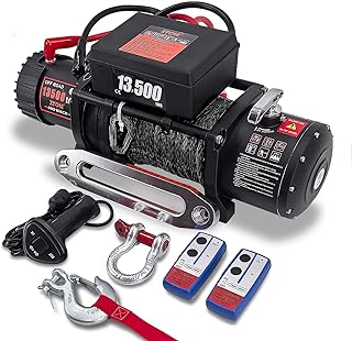 Winch13500lbs 12V Waterproof Electric Winch Synthetic Rope Truck Winch Towing Winch Boat Trailer Winch SUV 4-Wheel Drive Off-Road Vehicle with Remote Control 3/8 Synthetic Rope (Black)