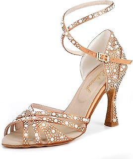 Y205-36 Women's Crystal Rhinestone Latin Dance High Heel Shoes - Stylish Adjustable Strap Design Comfortable Dance Shoes