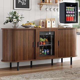 LUXOAK 70" Coffee Bar Cabinet with Beverage Fridge (Included), Buffet Sideboard Table for Home, Bar Cabinet with Storage for Dining Room & Living Room, Walnut