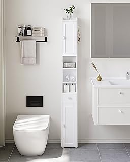 HEXCELEN Bathroom Storage Cabinet, Narrow Tall Bathroom Cabinet, Freestanding Floor Cabinets with 2 Doors and 1 Drawer, Toilets Organizer with Adjustable Shelf, 1 Hook for Bathroom Furniture White