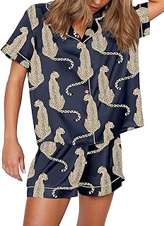 SHESHOW Satin Pajamas for Women Set Preppy Animals Pjs Short Sleeve Shorts 2 Piece Loungewear Sets XS-XXL