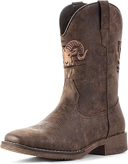 Cowboy Boots for Men Square Toe Western Classic Embroidered Boots Durable Retro Country Pull on Boot