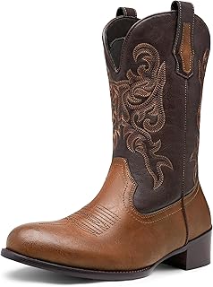 Cowboy Boots For Men Round Toe Western Slip Resistant Pull on Boot Retro Short Botas